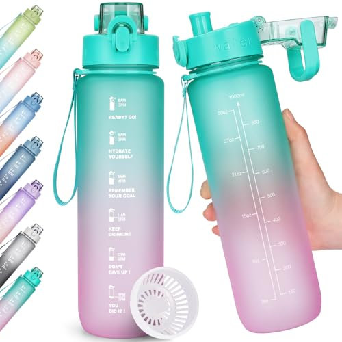 AOHAN Trinkflasche, 1l Wasserflasche BPA-Frei, Trinkflasche Sport Auslaufsicher, Sportflasche mit Zeitmarkierung für Fitness, Büro, Schule, Yoga, Outdoor