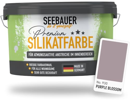 SEEBAUER diy Silikatfarbe Violett 5L für Innen (No. 930 Purple Blossom) Atmungsaktive Mineralfarbe für Allergiker - Abwaschbare Wandfarbe - Violetttöne hohe Deckkraft