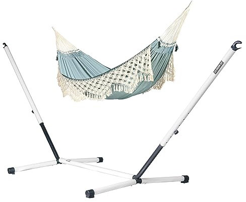 LA SIESTA® Bossanova Bio-Baumwoll Hängematte & Stahlgestell - Indoor Outdoor Hängematte für 2 Personen, Boho Hängematte mit Gestell, Hängematte mit Ständer für Balkon Terrasse - Kingsize, Fjord