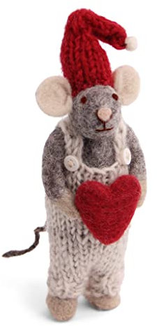 Gry & Sif Maus mit Herz, Weihnachtsdekoration, Christbaumschmuck, Geschenkanhänger, Wichtelgeschenk, Nikolausgeschenk, Mitbringsel, Gastgeschenk, fairtradde, Handmade (Maus mit Herz)