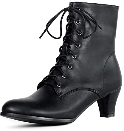 COOLCEPT Donna Vintage Victorian Stivali Stringata Stivali alla Caviglia Almond Toe Tacco Medio Steampunk Stivaletti Zip Black Taglia 40