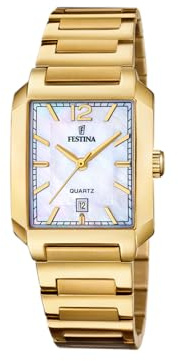 Festina Reloj Mujer Analógico de Acero Inoxidable 316l Dorado - Movimiento de Cuarzo - Cristal Mineral de Alta Resistencia - Resistente al Agua 5 ATM - Calendario F20680/2 - On The Square