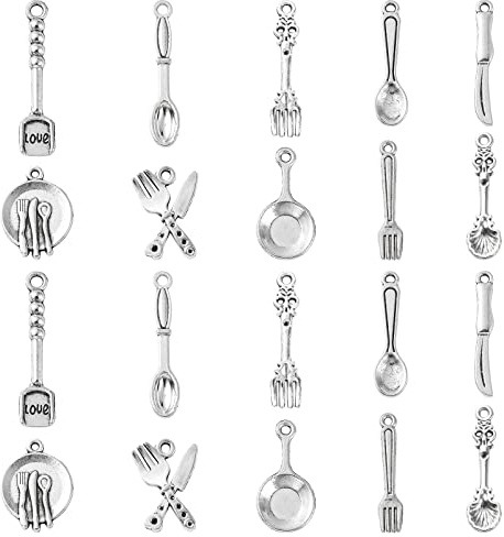 Ornazy 100 dijes tibetanos de 10 estilos de vajilla tibetana, plata antigua, cuchara, cuchillo, tenedor, dijes para collares, pulseras, bisutería, bricolaje