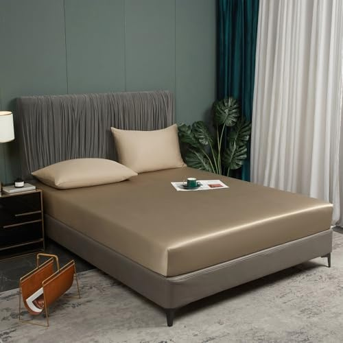 Bambu spännlakan 200 x 200 cm brun antibakteriell mjuka spännlakan kylande 100 % bambu dra-på-lakan set dubbelsäng uni linne för hög madrass hög midja upp till 25–30 cm