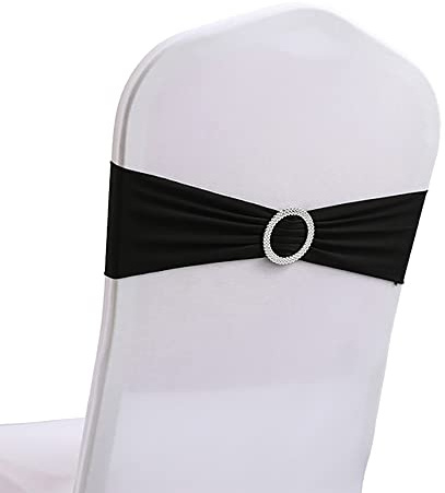 10 Stück Stuhlschleifen,Elastisch Stuhlschärpe mit Schnalle,Schleifen für Stuhlhussen,Stuhl-Schärpen,Stuhlschärpen aus Stretch-Elastik,Stuhldekoration für Hochzeit,Taufe,Feiern,13x35cm,Schwarz