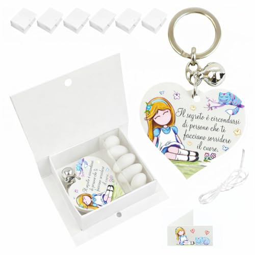 Generico Luce di Luna 6 Bomboniere Portachiavi Alice con Scatola, Confetti nastro e biglietti coordinati