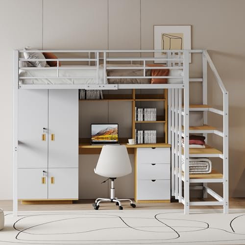 YESGIGA Cama alta de 140 x 200 cm, estructura de metal estable con amplio espacio de almacenamiento debajo de la cama y escalera, ideal para niños y adultos, color blanco