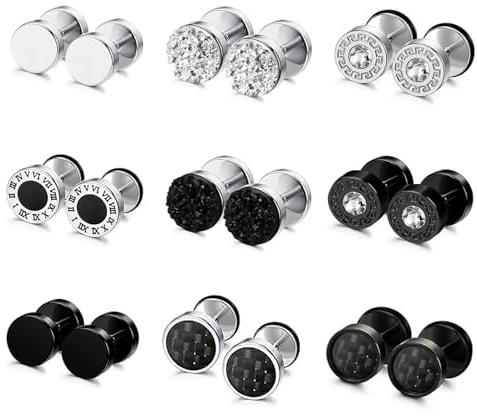 JENCVNL Mens Stud Earrings, Stainless Steel Round Earrings Ear Studs Black Silver Fake Gauge Earring Faux Ear Tunnel Faux Plugs Screw Studs Earring for Men Boy (Silver+Black Set 1-9Pairs)