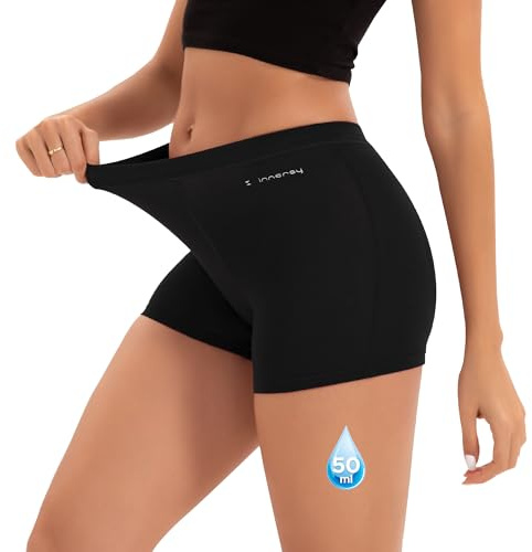 INNERSY Women's Heavy Flow Period Boyshorts Underwear High Waisted Menstrual Panties Hold 4 Tampons(Medium,Solid Black)