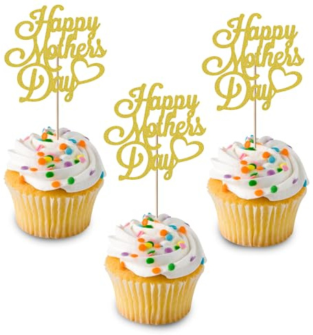 12 Pcs Mothers Day Cupcake Toppers, Mothers Day Decorations, Gold Glitter letter Love Mom Cake Decorations, Theme Party Dessert Cake Supplies for Best Mom Party Decor