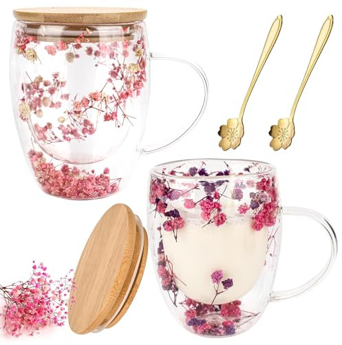 bssmmai 2 Piezas Vasos Doble Pared Cristal con Cuchara y Tapa., Tazas de Cafe Cristal con Asa, Tazas de Vidrio Borosilicato con flores Secas, para Té, Café, Leche, Latte, Macchiato