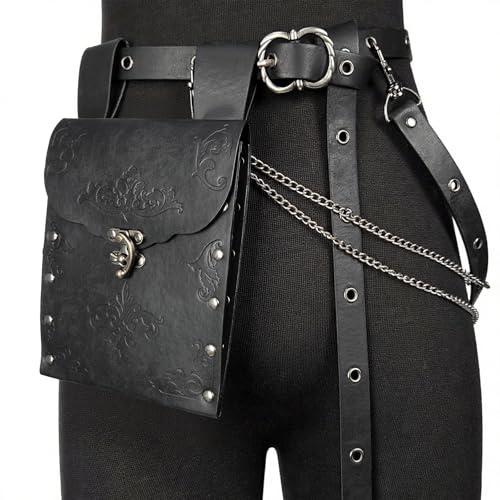 HiiFeuer 2 teiliges Mittelalter Gürtel Set aus Kunstleder，Vintage Renaissance Gürteltasche mit abnehmbaren Ketten,schmaler Damengürtel für Kleider & LARP