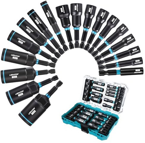 LIBRATON Magnetischer Steckschlüsselsatz, 18tlg Schlagschrauber-Bitsatz, Tiefsteckschlüsselsatz, Metrisch-Steckschlüssel, 5-14MM Steckschlüssel und 6-17MM Tiefsteckschlüssel, Bithalter, Autoreparatur