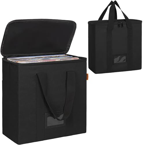 OUUTMEE 12-inch Vinyl Record Carrying Bag with Lids & Handles,Waterproof Vinyl Storage Case for Hold up to 50 Singles,Collapsible Portable Record Organizer for Albums, CDs, Passports, Files(Black)