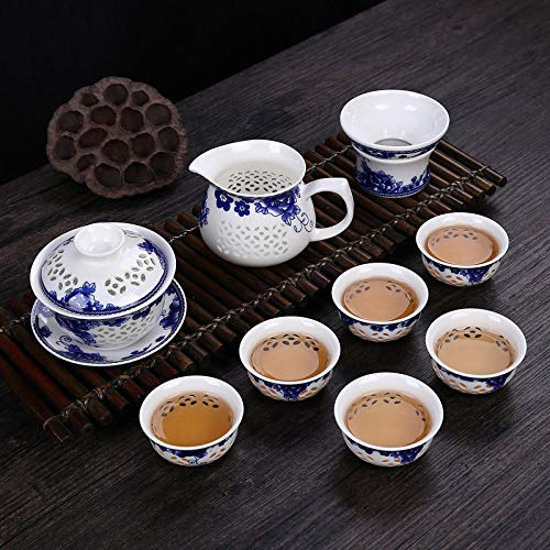 Tetera de cerámica Exquisita Azul y Blanca, Taza de té Hueca, Juego de té de Porcelana, Juego de té Chino Hecho a Mano, vajilla - K10 Piezas (M10 Piezas)