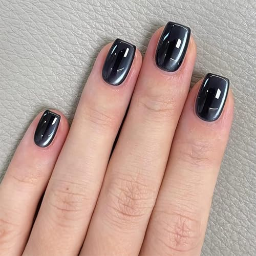 24PCS Cat Eye False Nails Short - Black Fake Nails with Glue - Crystal Gloss Press on nails - Strong Stick on Nails - Square Nail Tips Glue on Long Lasting for Women Girls DIY Manicure at Home