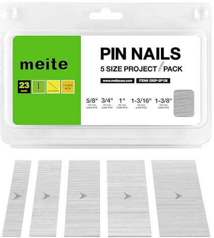 meite Clavos Pin 23GA Sin Cabeza 10-25 mm, 10.000 Unidades, Juego 5 en 1 de Clavos Galvanizados Calibre 23, Clavos para Pistola de Pines, Carpintería, Molduras y Marcos