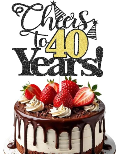 Happy 40th Birthday Cake Topper, 40 Cake Topper, 40th Cakes Toppers, HSC 1PC Cheers to 40 Years Gold Black Glitter Paper Decoration for Birthday Anniversary Party Supplies