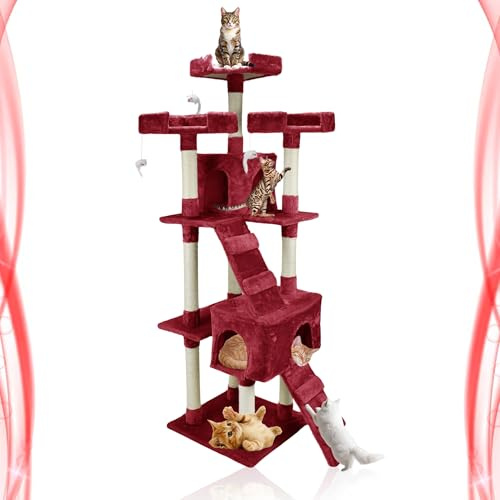 Abaseen 170cm Cat Tree Tower | Multilevel Climbing House with Condos & Ladder | Cat Activity Centre with Scratching Posts | Indoor Furniture for Large & Small Cats (Red)