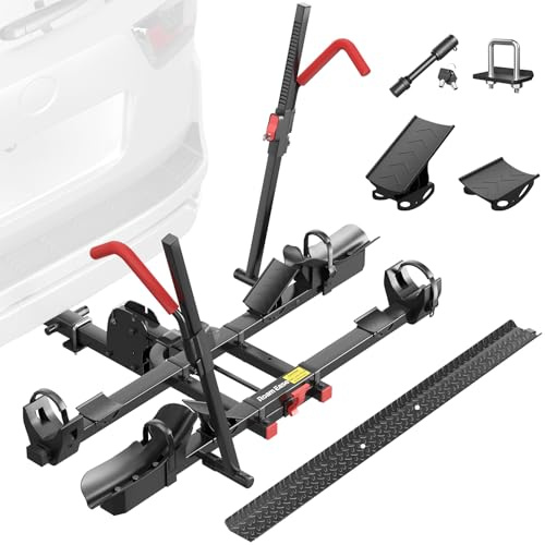 Hitch Mount Bike Rack with Ramp, 170lbs Capacity Foldable Electric Bike Carrier for 2 Heavy Ebike, Up to 5 Fat Tire fits Cars, SUVs, RVs, Trailers with 2 Inch Receiver