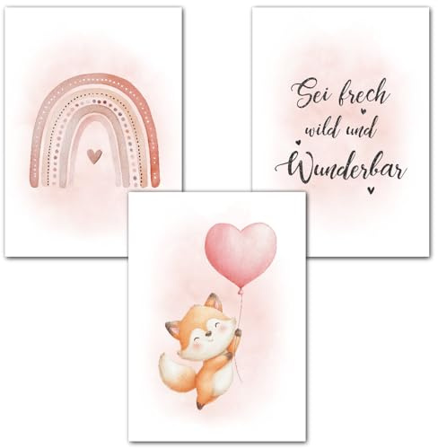LAVEMA Bilder Kinderzimmer Mädchen | Babyzimmer Poster DIN A3 (30x42cm) Poster Set | Wanddeko Kinderzimmer Deko Fuchs Rosa Wandposter Kinderbilder Wandbilder Tiere skandinavisch | ohne Bilderrahmen