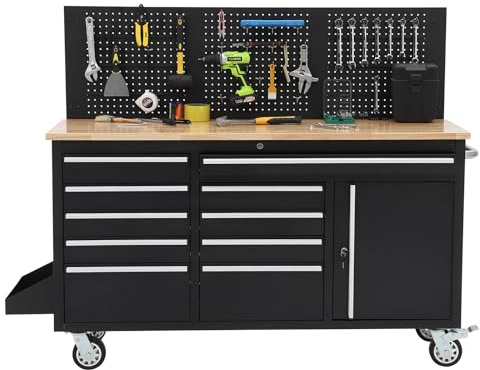 Heavy Duty 61 in Tool Chest Cabinet, Mobile Garage Workbench with 10 Drawers and Power Strip, Rubber Wood Worktop, 1675 LBS Load, Rolling Tool Storage Organizer for Mechanic, Shop or Home Use
