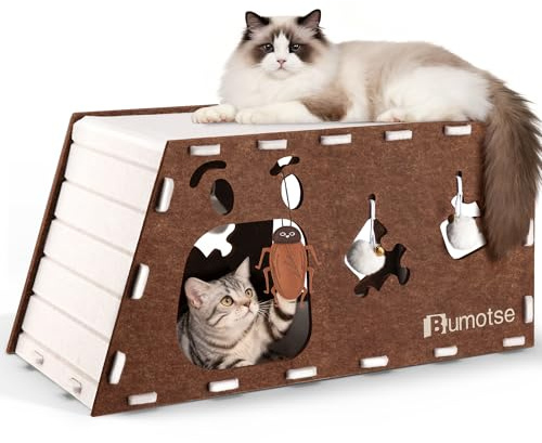 BUMOTSE Cat Tunnel House for Indoor Cats, 3-in-1 Felt Cave and Scratcher | Fits 12–22 lb pets, reinforced top supports lounging, joins two units into a 47-inch play zone, includes two catnip bell toys