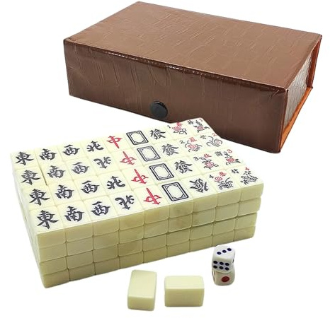 Mini Chinesisch Mahjong Spielset, Tragbares Chinesisches Brettspiel Mahjong, 144 Majong Steinen, 2 Würfel, 2 Ersatzkarten und Tragetasche, Majongsteine Spiel für Freizeit Reise Party Familienspiele