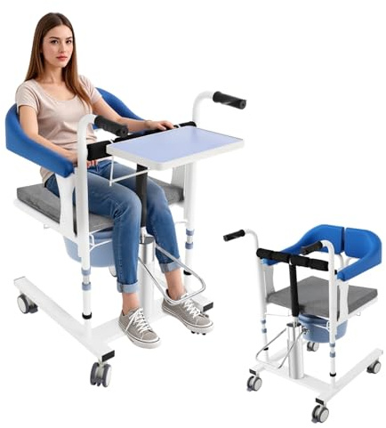 HuKaiL Hydraulischer Patientenlifter mit Räder bis 100kg, Toilettenstuhl Höhenverstellbare 42-60cm mit 180° Abnehmbare Rückenlehne und Nachttopf, Transferstuhl Duschstuhl für Mobilitätseingeschränkt
