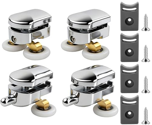 4 Pcs Shower Door Rollers Replacement Wheels, 23mm Sliding Glass Door Wheel with Anti Collision Block and Screws Sliding Shower Doors Runners for Curved Sliding Glass Doors (2 Top & 2 Bottom)