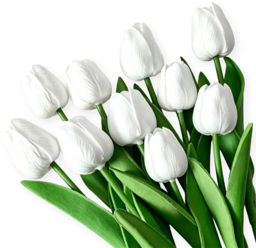 Nievajio 10PCS White Tulips Artificial Flowers, PU Real Touch Fake Tulips, Faux Flower Bouquets for Home Garden Wedding Party Flower Decor