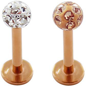 Treuheld® | Multi-Kristall Rosegold Labret Piercing - 1,2 x 8 mm (Kugel: 3mm) - 2 Farben wählbar: Pfirsich & Klar - mit Kugel ZUM Schrauben - Piercing-Stab - 316L Edel-Stahl Lippen-Piercing