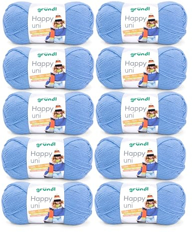 Gründl Wolle Happy uni Garn zum Stricken 10 Knäuel 100 g, hellblau | Garn zum Häkeln - Strickgarn - Häkelgarn - Weich und hautfreundlich - 100 % Polyacryl 100 g / 250 m - Nadelstärke 4 5