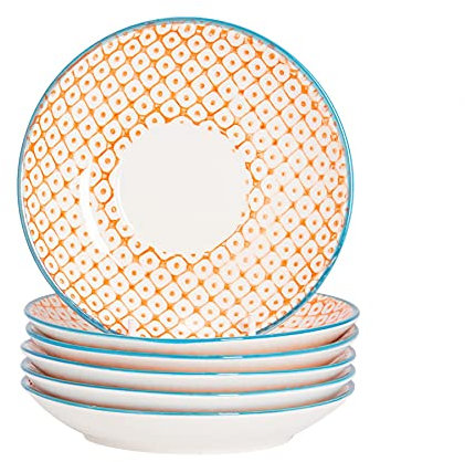 Nicola Spring Hand-Printed Cappuccino Saucers - 14.5cm - Orange - Pack of 6 - Porcelain Tea Dish Espresso Coffee Cup Plate
