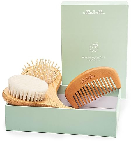 Ullabelle 4 Stück Holz Baby Haarbürste und Kamm Set für Neugeborene & Kleinkinder in schicker Geschenkbox - Ultra weiches natürliches Ziegenhaar und Holz Baby Pinsel Set verhindert Wiegenkappe -