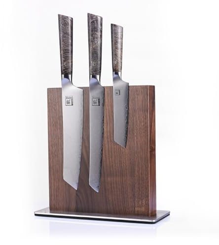 Zayiko Messerblock magnetisch Nussbaum (beidseitig) | aus massivem Nussbaumholz mit Edelstahlsockel | mit starken Magneten & rutschfestem Stand | für bis zu 8 Messer | ohne Messer