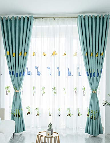 Lactraum Vorhänge Babyzimmer Transparent Weiss mit Ösen Bestickt Dinosaurier Kokosnussbaum Voile 145 x 245 cm