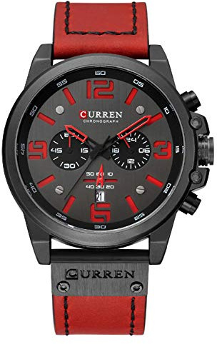 CURREN Montre chronographe tendance multifonction étanche à quartz bracelet en cuir montre militaire noir rouge luxe, noir/rouge, Luxe :