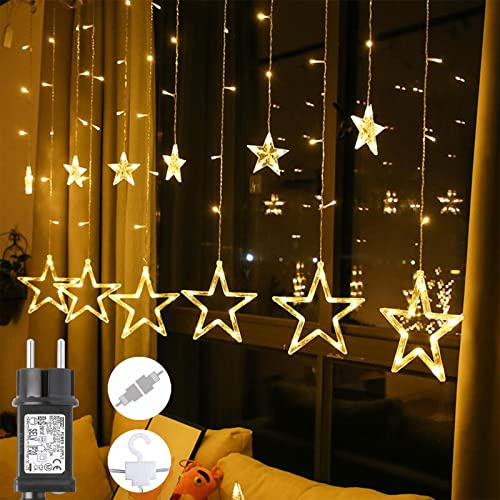 GlobaLink LED Lichterkette Sterne Warmweiß 2m 12Sterne 138LEDs mit Stecker | 8 Modi, IP44 wasserdicht, Sternen-Lichtervorhang erweiterbar mit Haken, für Innen & Außen, Kinderzimmer, Fenster, Hochzeit