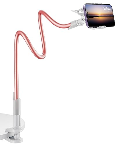 SAIJI Supporto flessibile per telefono a collo di cigno, supporto flessibile per letto da 75 cm, supporto per braccio pigro con morsetto a 360°, per il ritorno a scuola,oro rosa
