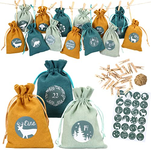 Papierdrachen Adventskalender 2025 - Stoffsäckchen (24 St.) in Petrol mit Zahlenaufklebern - Stoffbeutel zum Befüllen & Dekorieren - Geschenkidee