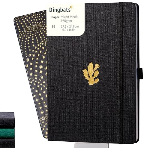 Dingbats* - Pro B5 Lined Large Notebook - Black Textile Cover, Thread-Bound Journal - for Work, Travel - Pocket, Elastic Closure, Pen Holder, Bookmark