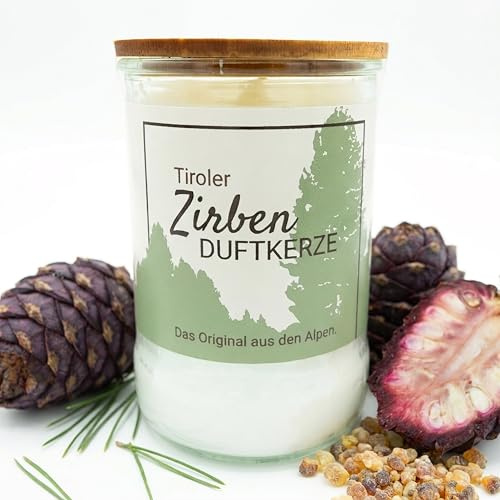 Tiroler Zirbenkissen Zirbenkerze im Glas [Handgemacht in Tirol] – Echter Zirbenduft: warm & harzig – Aromakerze mit Zirbenholz-Deckel – 70h Brenndauer – Duftkerze Geschenk