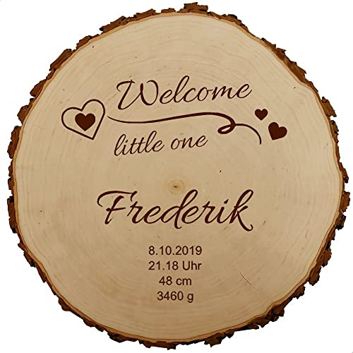Baumscheibe 30cm mit Gravur, Geburtsteller für Mädchen & Jungen, personalisierte Holz-Scheibe Taufgeschenke Geschenke zur Geburt Taufe, MotivGE3