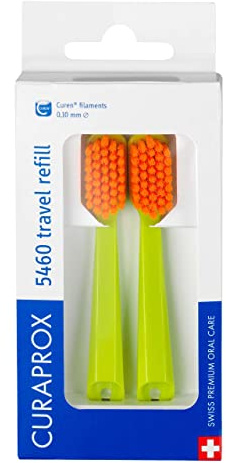 Curaprox CS 5460 Reise-Ersatz, 2er-Pack, Grün - Orange, Swiss Made | Bürstenköpfe – für Reiseset , Ultrasanfte Plaqueentfernung