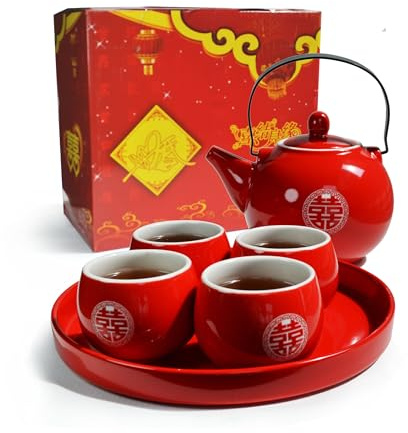 Juego de regalo de té chino Fiesta 1 tetera 4 tazas bandeja de porcelana para ceremonia, boda, fiesta, decoración del hogar