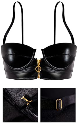 LOVE YOU SEXY Women Faux Leather Balconette Bra with Front Zipper-Open in Black 32B