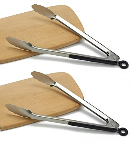 2er Pack Grillzange aus rostfreiem Edelstahl Länge-34cm universal Küchenzange mit Aufhänge-Öse - XXL BBQ Mehrzweckzange - Fleischzange hitzebeständig Wurstzange rutschfeste Servierzange Gourmetzange