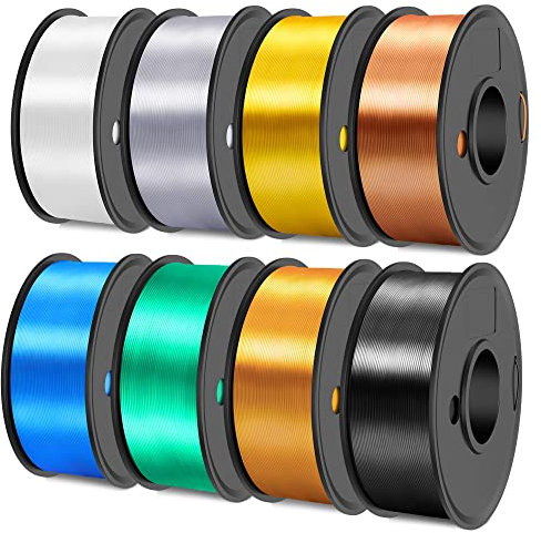 SUNLU Silk PLA Plus 3D Drucker Filament, 250G Silk PLAPLUS Filamentbündel, 1,75 mm glattes Seidenfilament Muticolor, 250G Spule, 8 Rollen, Schwarz+Weiß+Hellgold+Silber+Messing+Rotkupfer+Blau+Grün