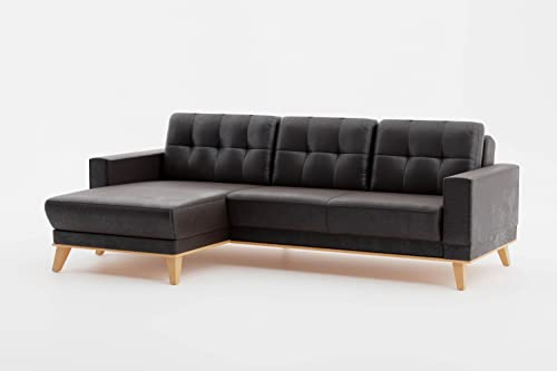 CAVADORE Ecksofa Lima mit Longchair / Couch in L-Form in Wildlederoptik mit Schlaffunktion + Bettkasten / Holzrahmen + Steppung im Rücken / Mikrofaser, Dunkelgrau